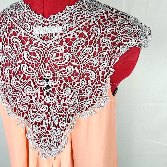 Esley Brand Peach & Gray Embroidered Lace Sleeveless Blouse w/ Split Back - S - Picture 10 of 12
